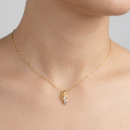Delicate Curved Floral Drop Sparkle Diamond Gold Pendant