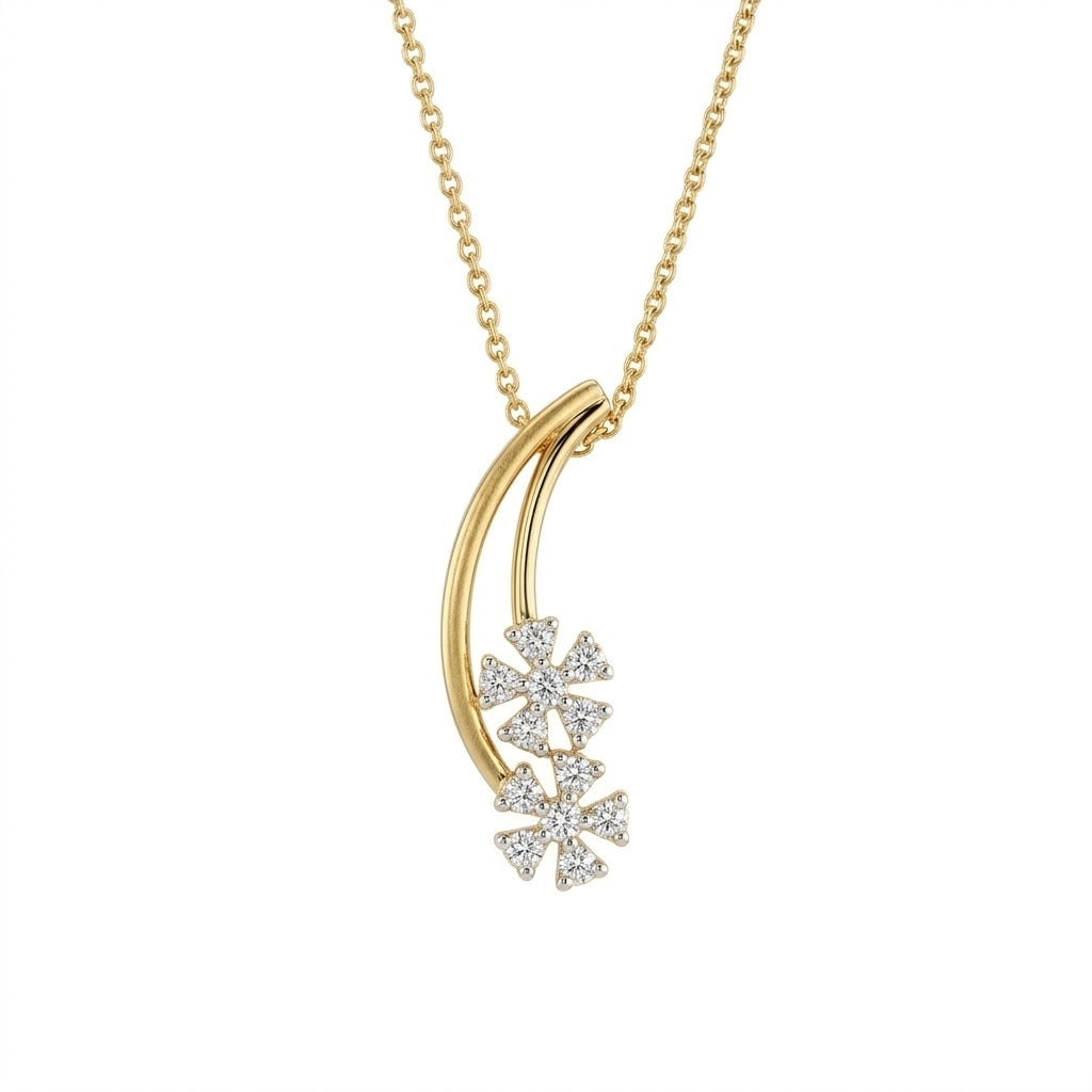 Delicate Curved Floral Drop Sparkle Diamond Gold Pendant