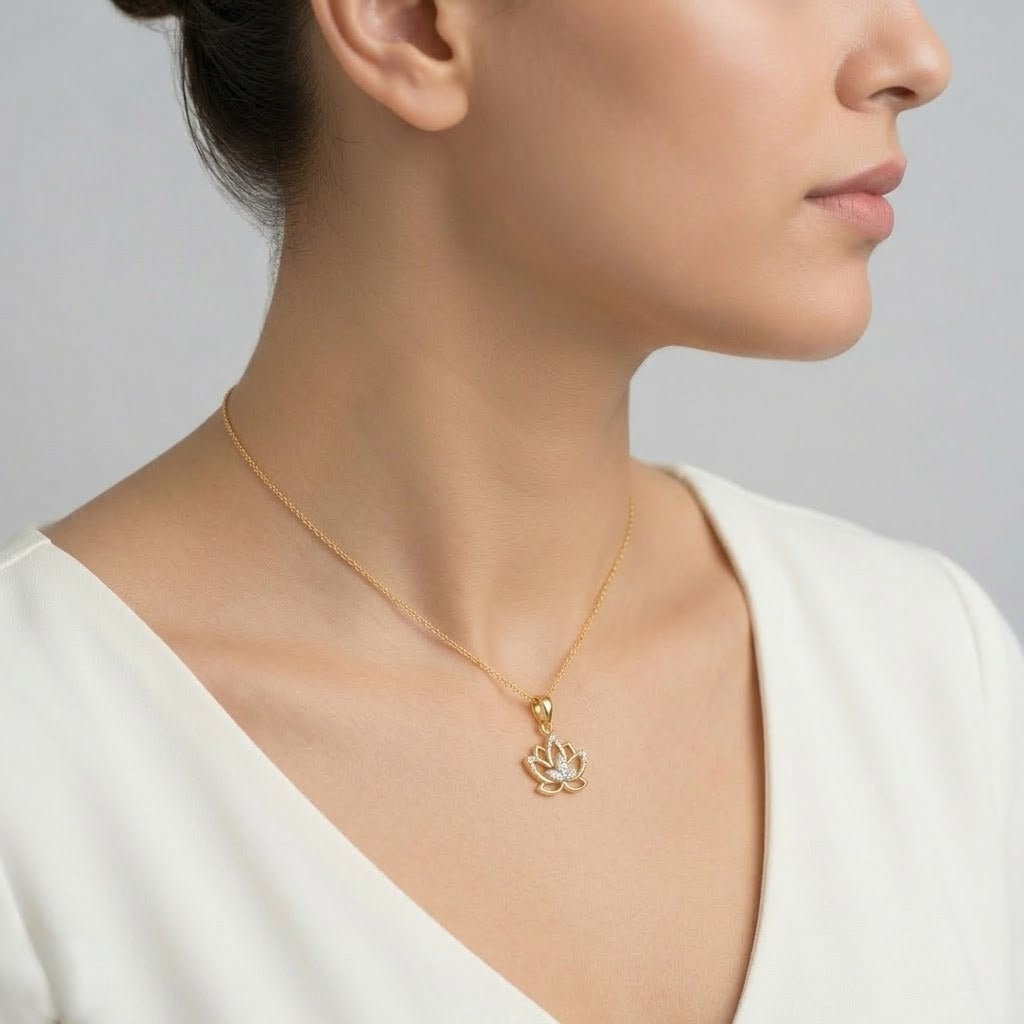Elegant Lotus Bloom Charm Diamond Gold Pendant