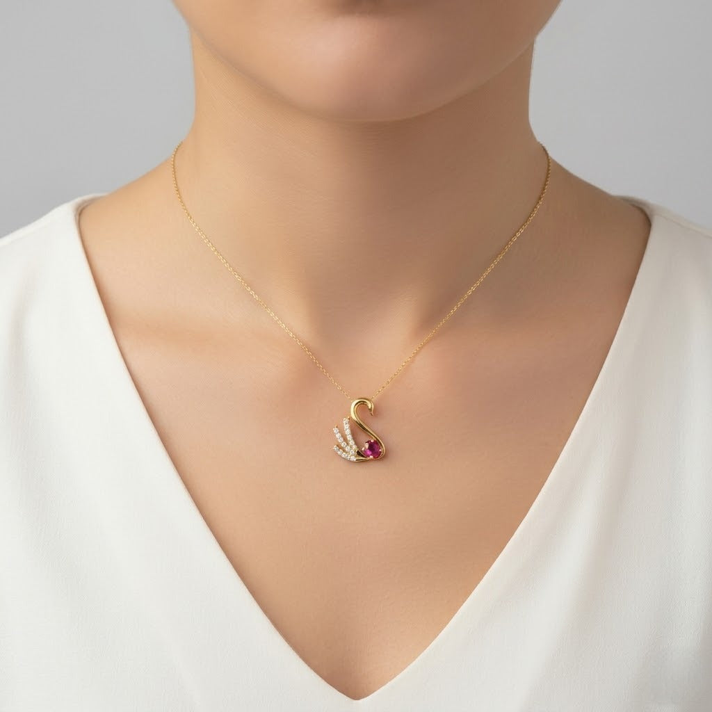 Elegant Swan Ruby & Diamond Design Gold Pendant