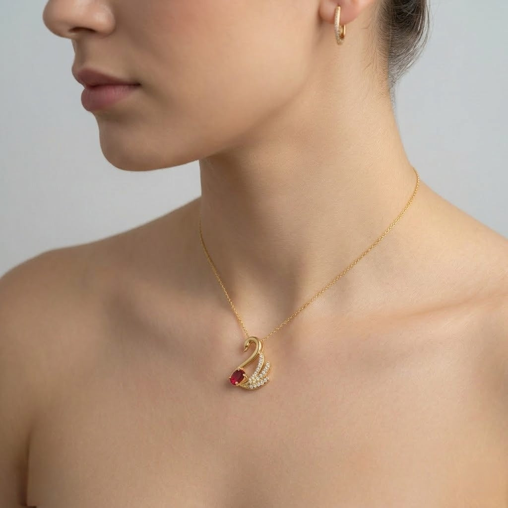 Elegant Swan Ruby & Diamond Design Gold Pendant