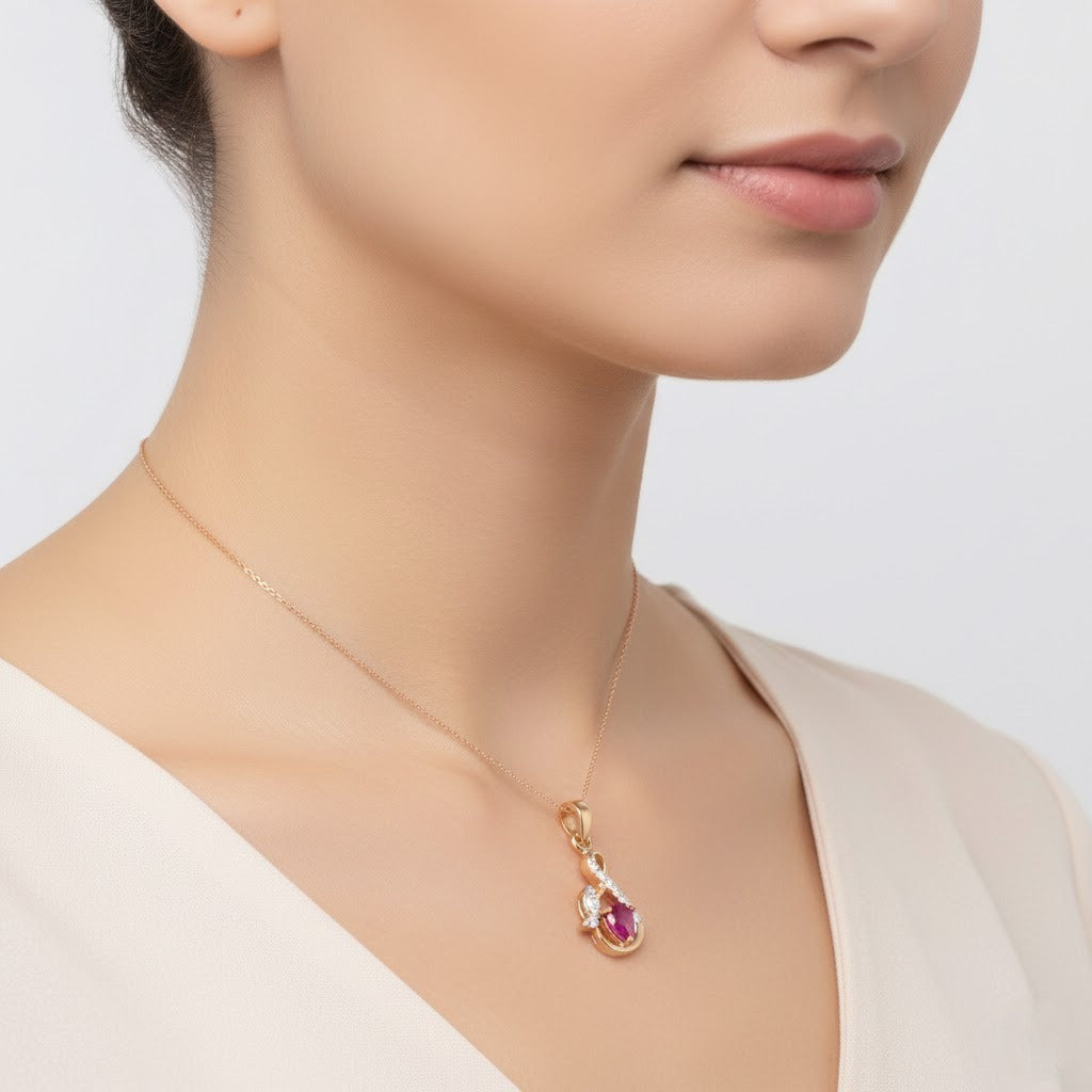 Elegant Ruby Swirl Design Diamond Gold Pendant