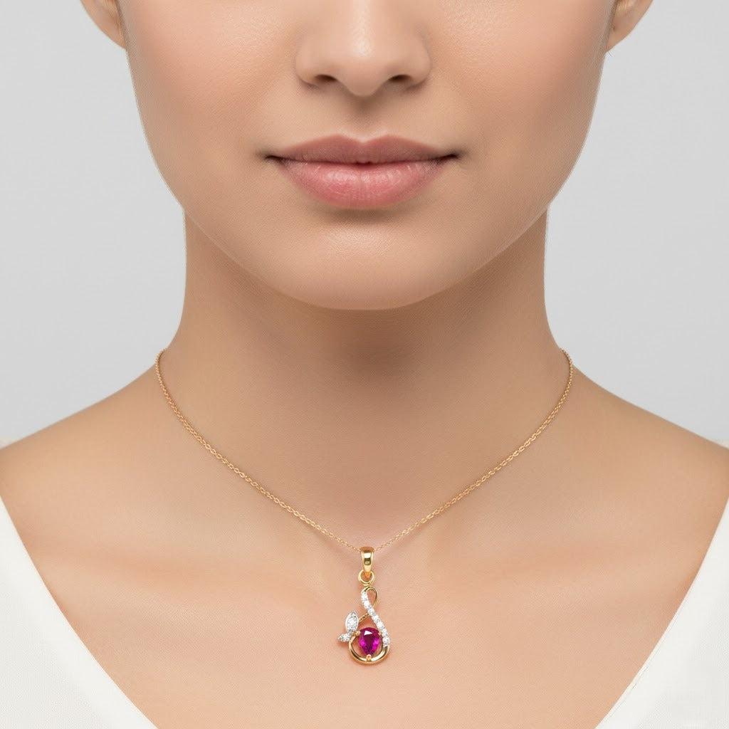 Elegant Ruby Swirl Design Diamond Gold Pendant