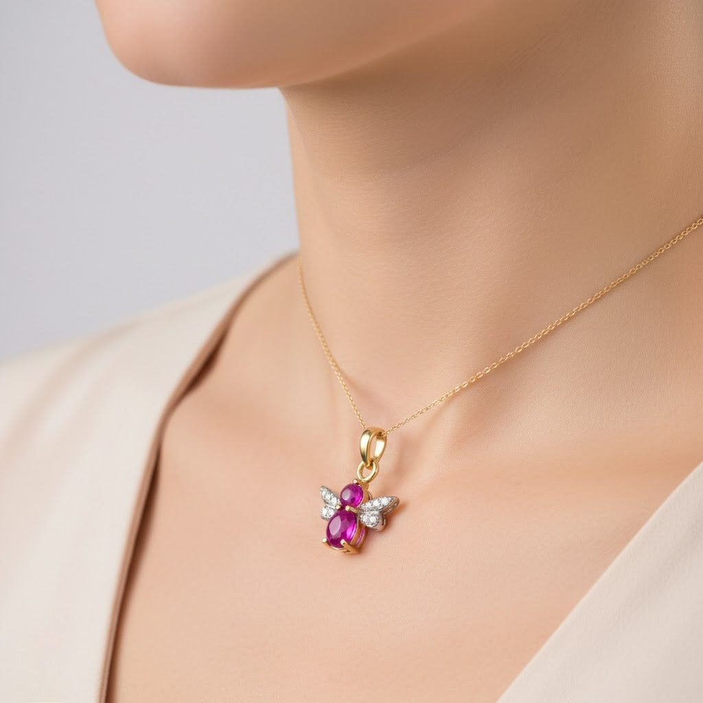 Ruby and Butterfly Inspired Diamond Gold Pendant