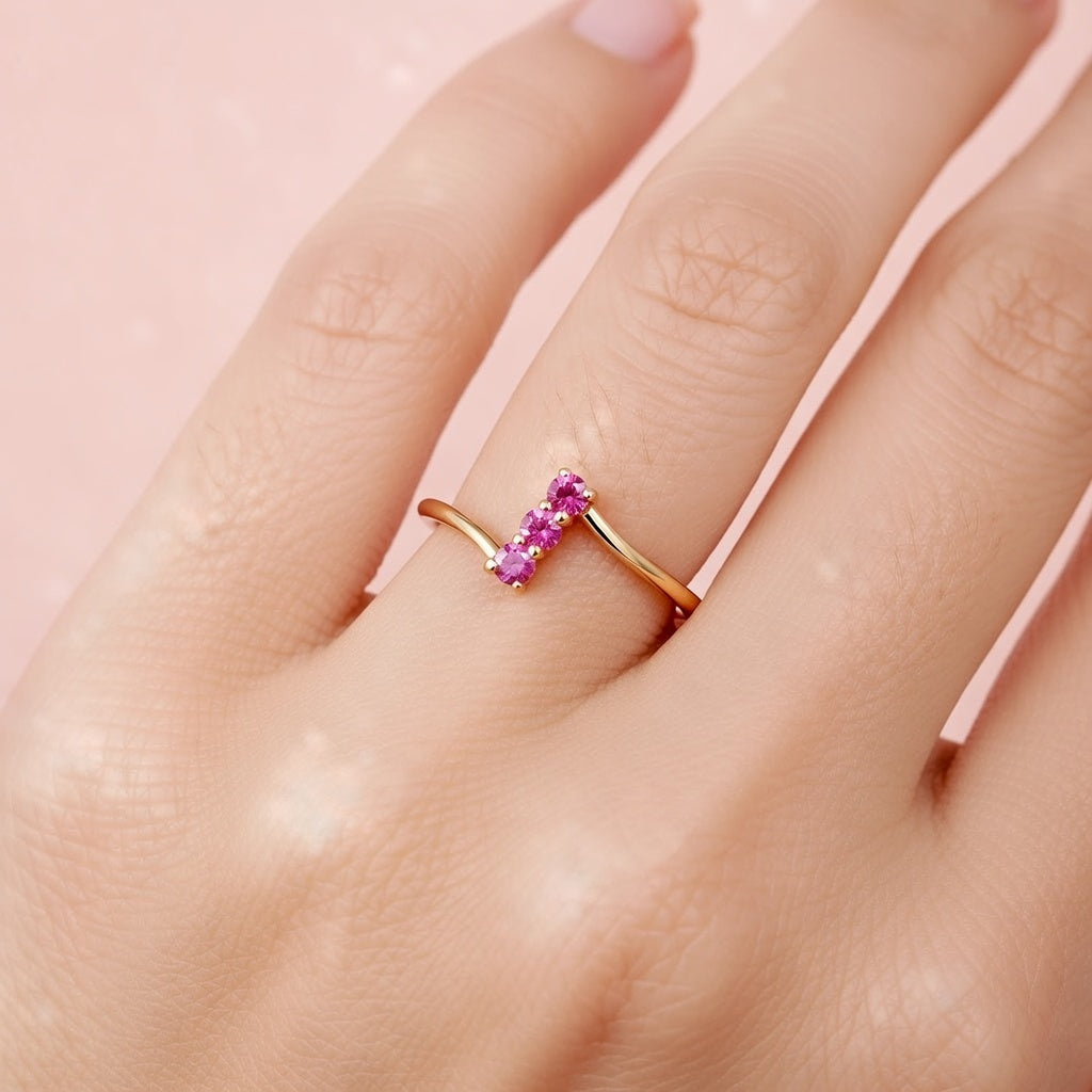 Minimal Three Stone Ruby Accent Gold Ring