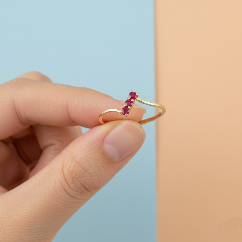 Minimal Three Stone Ruby Accent Gold Ring