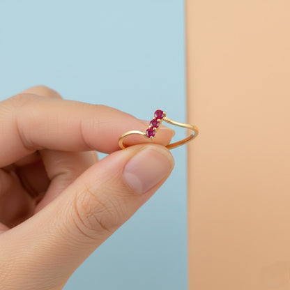 Minimal Three Stone Ruby Accent Gold Ring