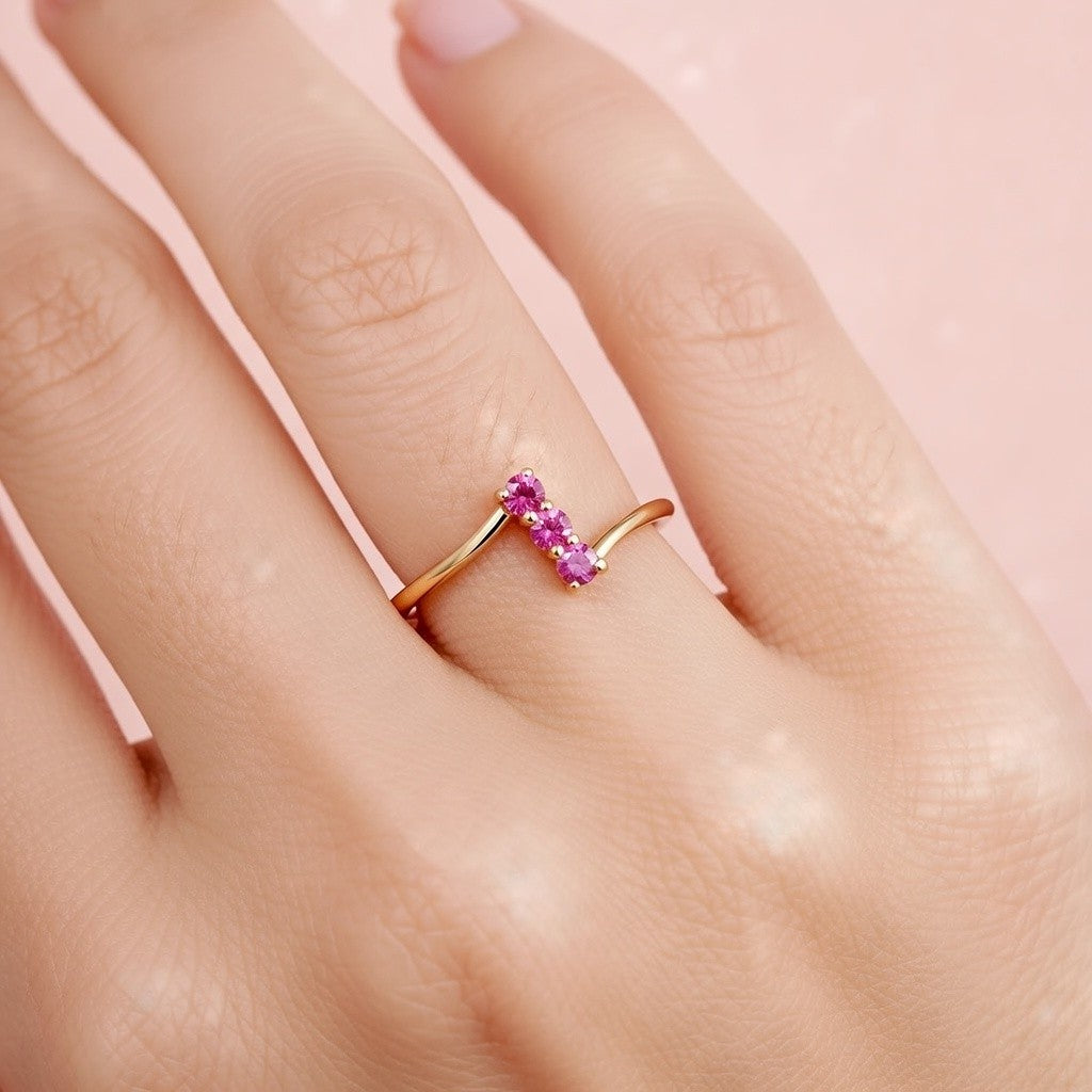 Minimal Three Stone Ruby Accent Gold Ring
