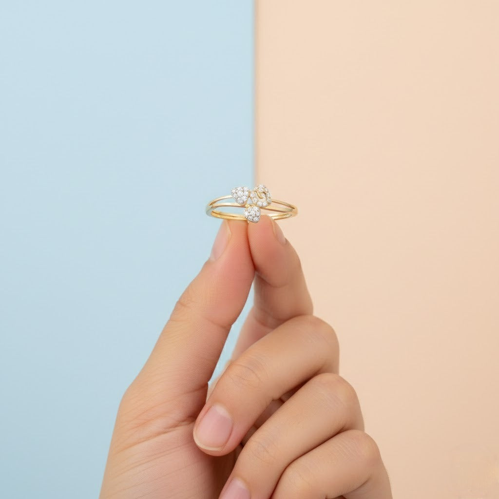 Triple Heart Sparkle Design Diamond Gold Ring