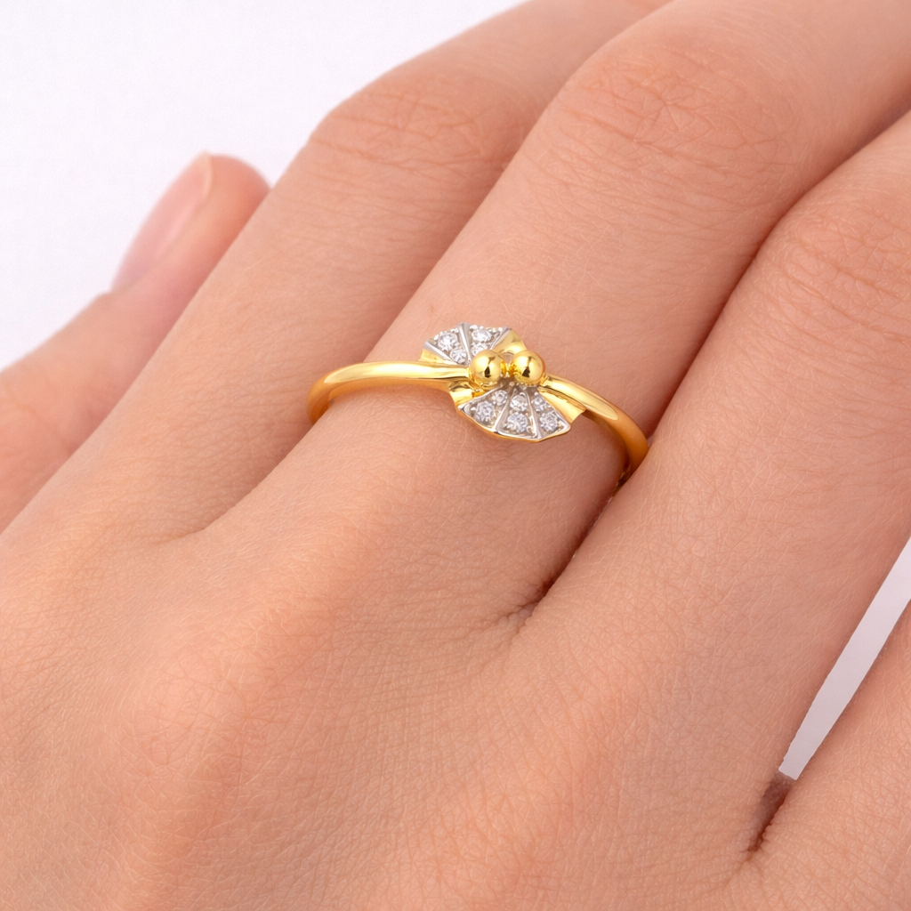 Elegant Dual Bead Floral Accent Diamond Gold Ring