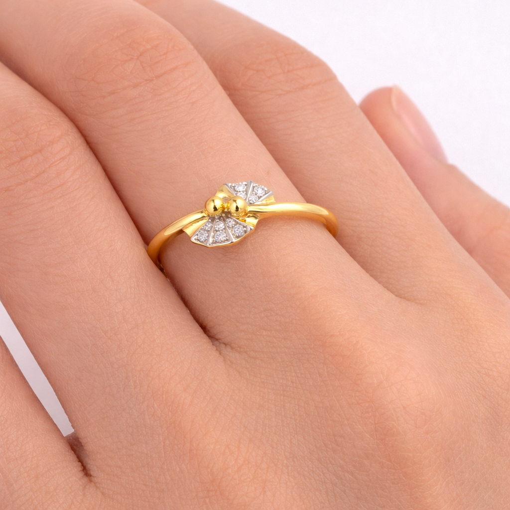 Elegant Dual Bead Floral Accent Diamond Gold Ring