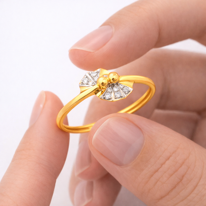Elegant Dual Bead Floral Accent Diamond Gold Ring