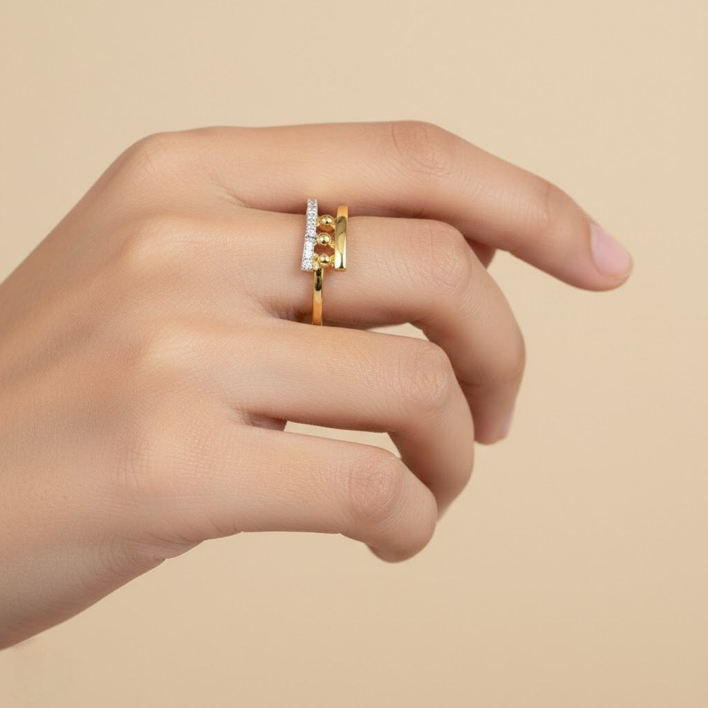Beaded Bar Accent Diamond Gold Ring
