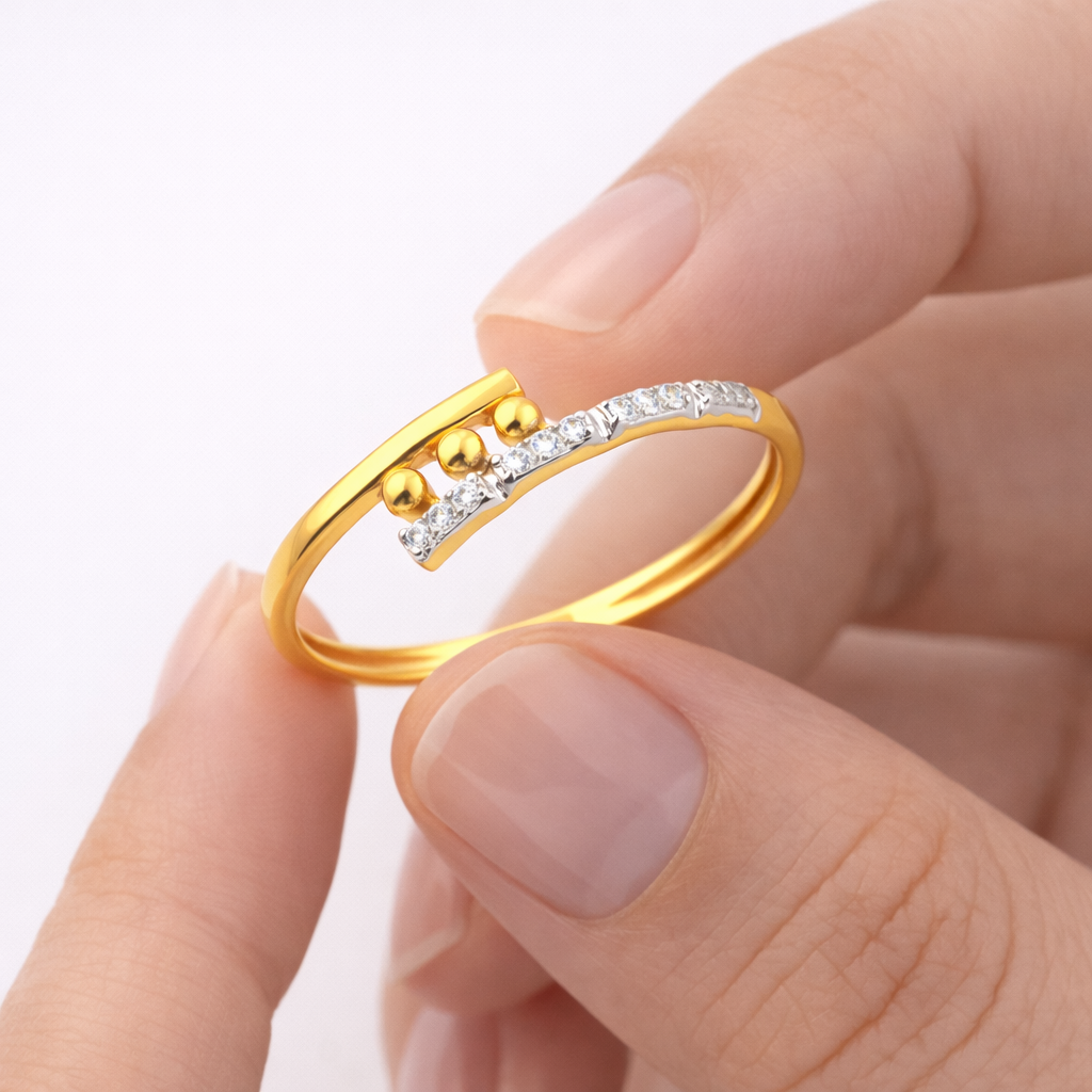 Beaded Bar Accent Diamond Gold Ring