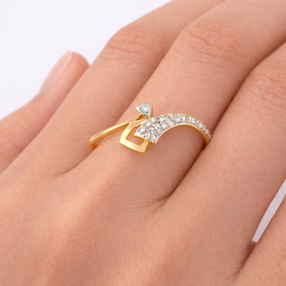 Modern Curved Geometric Diamond Gold Ring