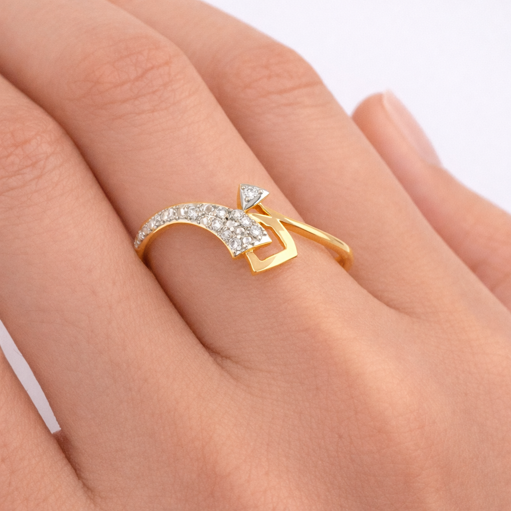 Modern Curved Geometric Diamond Gold Ring