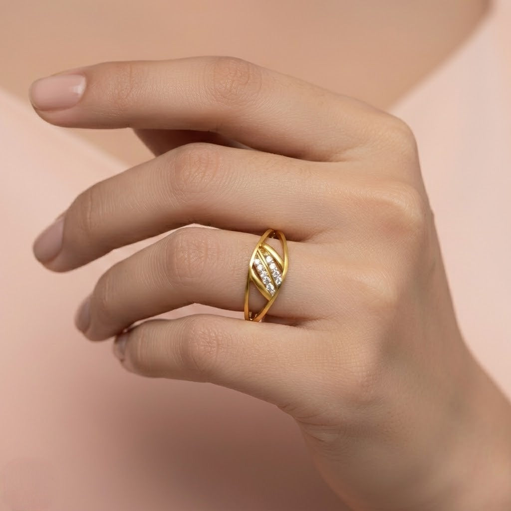 Diagonal Triple Row Diamond Gold Ring