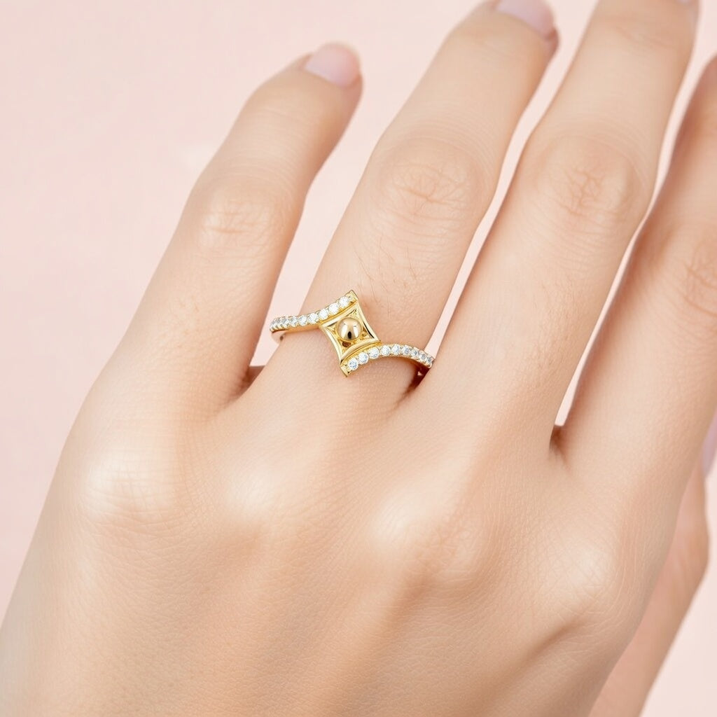 Geometric Pyramid Sparkle Design Diamond Gold Ring
