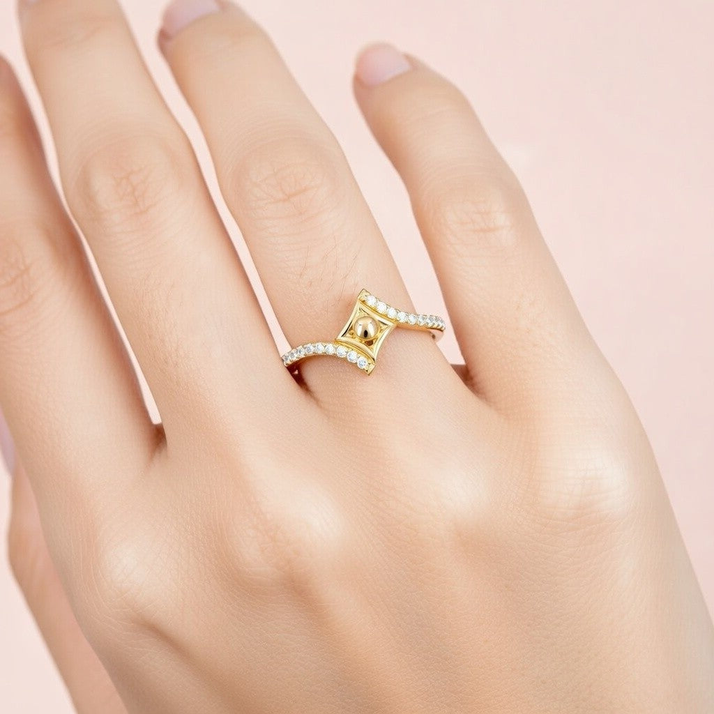 Geometric Pyramid Sparkle Design Diamond Gold Ring