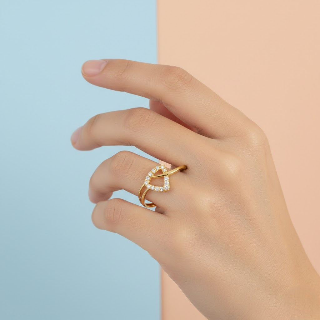 Delicate Open Heart Twist Design Diamond Gold Ring