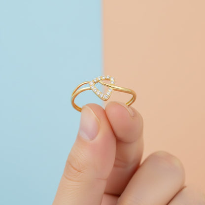 Delicate Open Heart Twist Design Diamond Gold Ring