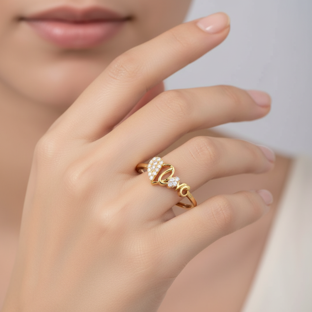 Charming Heart Love Motif Diamond Gold Ring