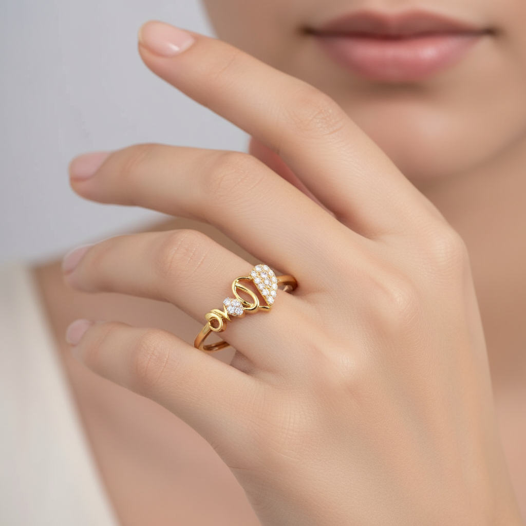 Charming Heart Love Motif Diamond Gold Ring