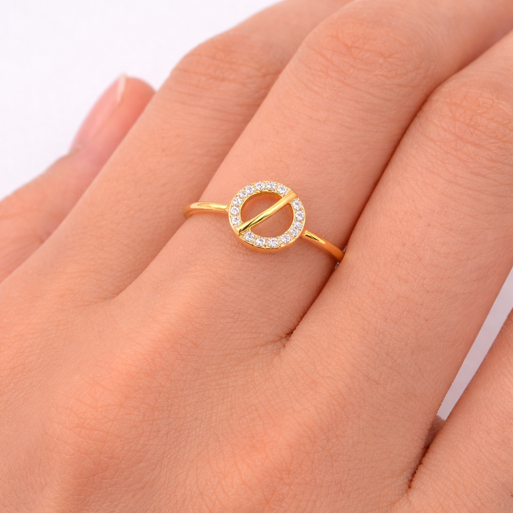 Minimal Circular Slash Motif Diamond Gold Ring