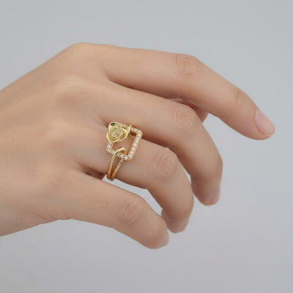 Modern Square Frame Floral Accent Diamond Gold Ring