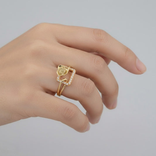 Modern Square Frame Floral Accent Diamond Gold Ring
