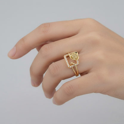 Modern Square Frame Floral Accent Diamond Gold Ring