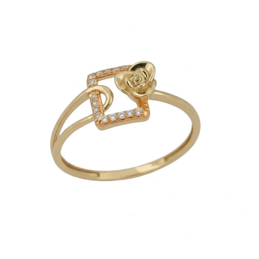 Modern Square Frame Floral Accent Diamond Gold Ring