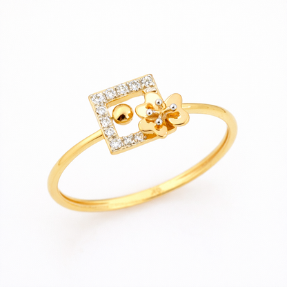 Modern Floral Square Frame Diamond Gold Ring