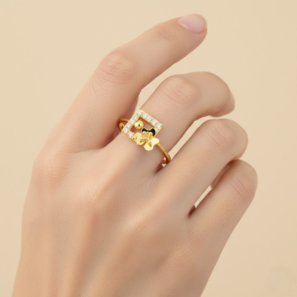 Modern Floral Square Frame Diamond Gold Ring