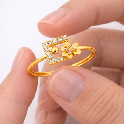 Modern Floral Square Frame Diamond Gold Ring