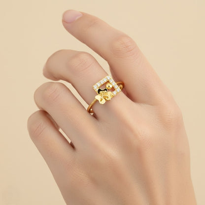 Modern Floral Square Frame Diamond Gold Ring