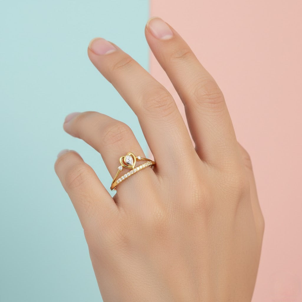 Double Heart Sparkle Design Diamond Gold Ring