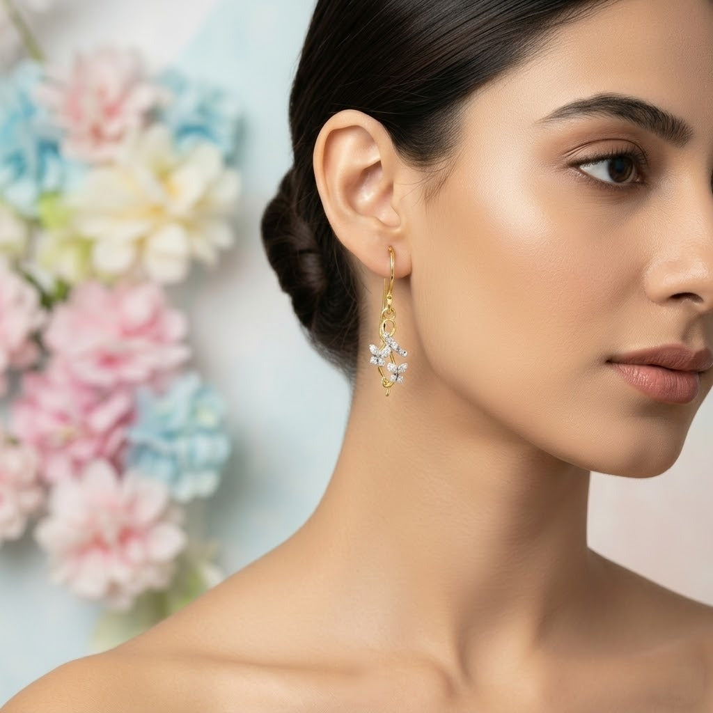 Elegant Floral Drop Diamond Gold Earrings