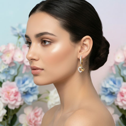 Romantic Dual Heart Hoop Style Diamond Gold Earrings
