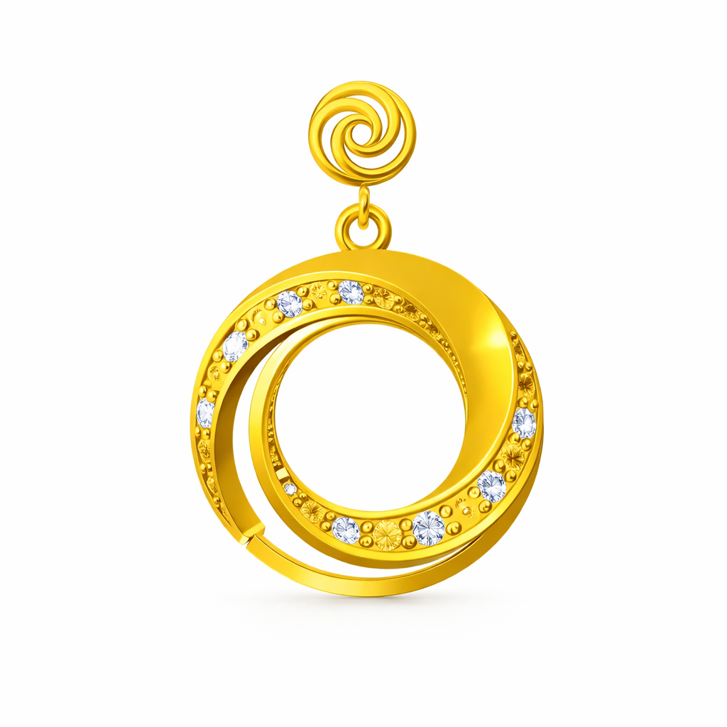 Modern Spiral Circular Drop Motif Diamond Gold Pendant