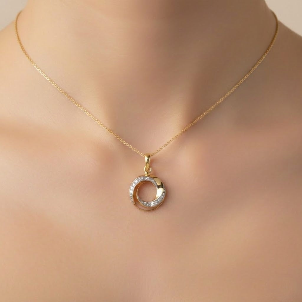 Modern Spiral Circular Drop Motif Diamond Gold Pendant