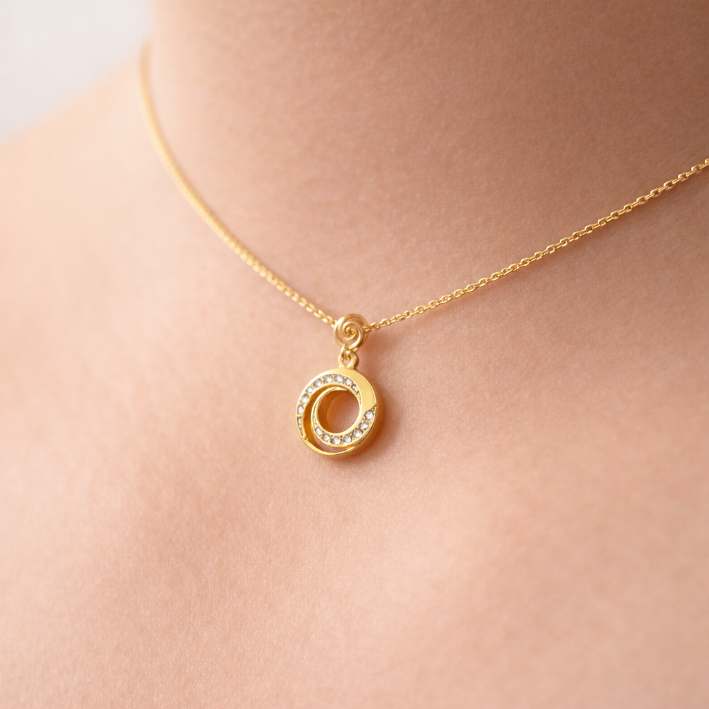 Modern Spiral Circular Drop Motif Diamond Gold Pendant