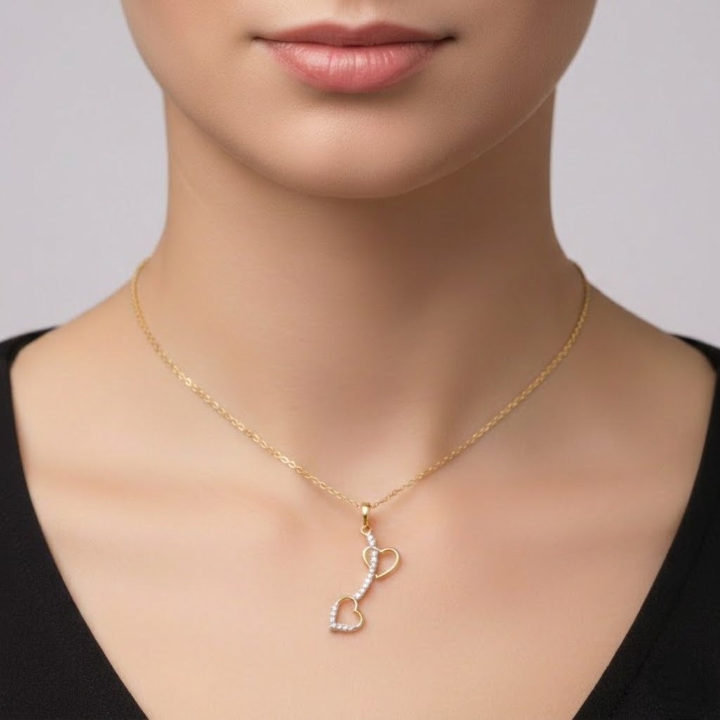 Playful Dual Heart Curved Motif Design Diamond Gold Pendant