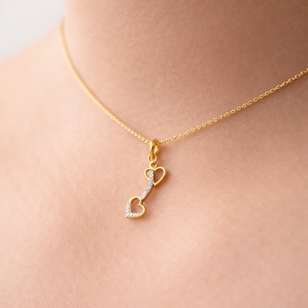 Playful Dual Heart Curved Motif Design Diamond Gold Pendant