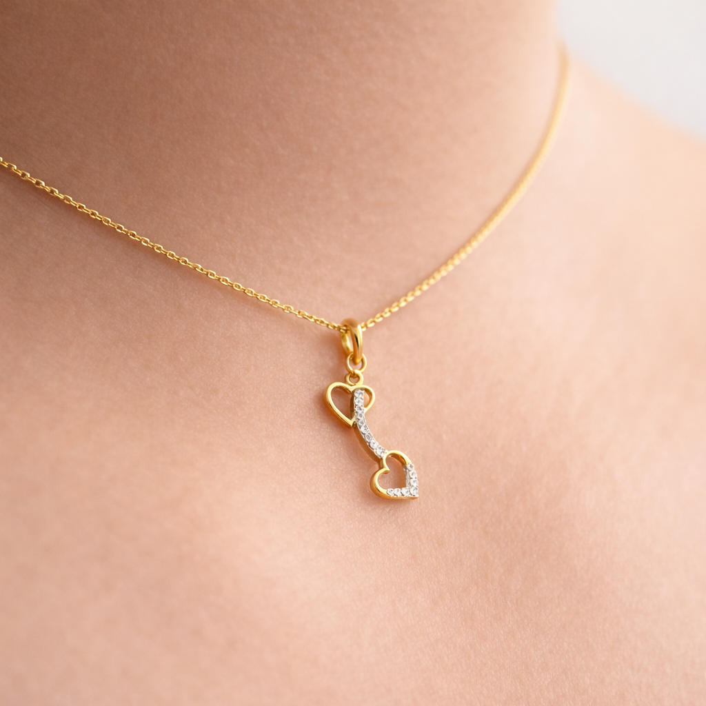 Playful Dual Heart Curved Motif Design Diamond Gold Pendant