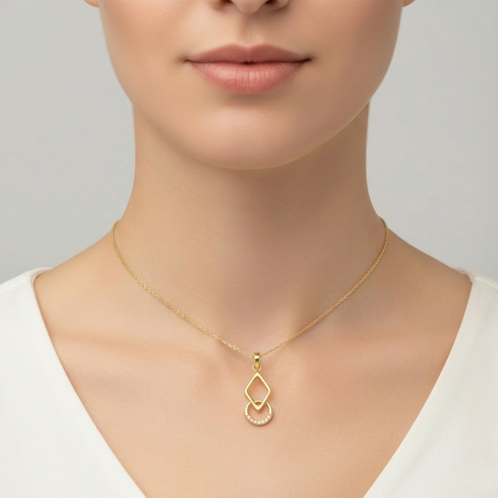 Modern Geometric Drop Design Diamond Gold Pendant