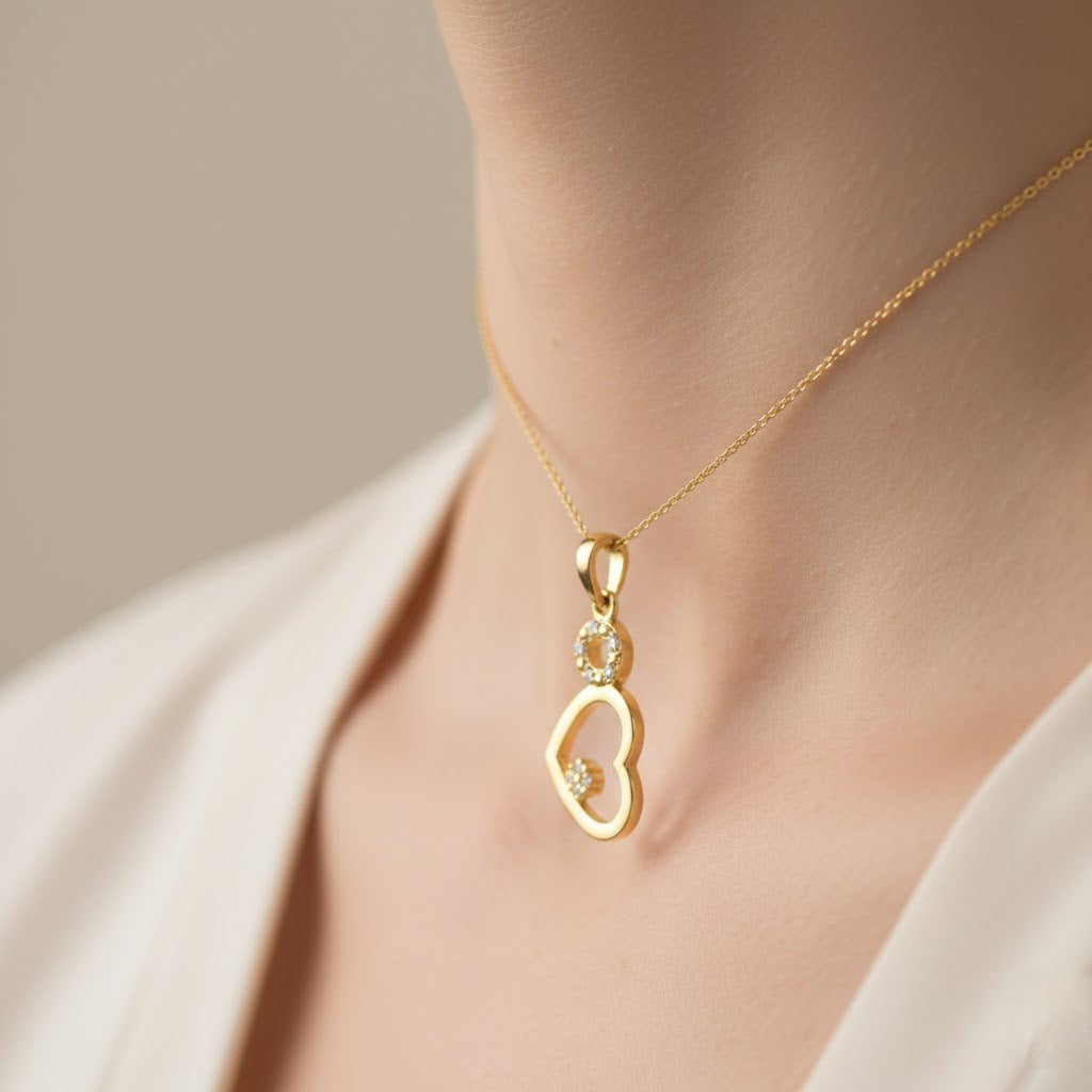 9K Modern Double Heart Sparkle Diamond Gold Pendant