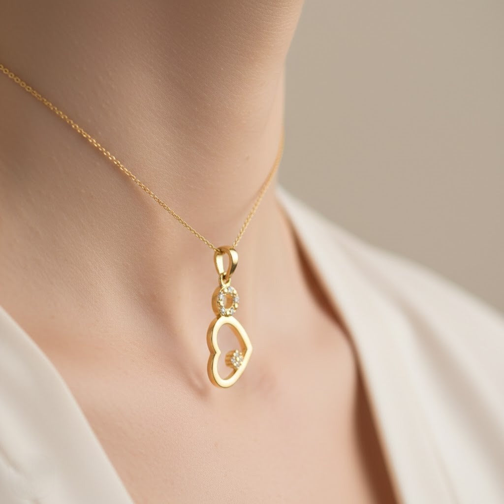 9K Modern Double Heart Sparkle Diamond Gold Pendant