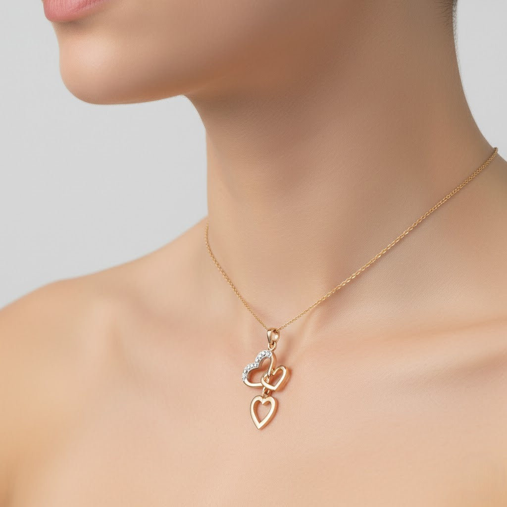 Interlinked Heart Drop Charm Diamond Gold Pendant