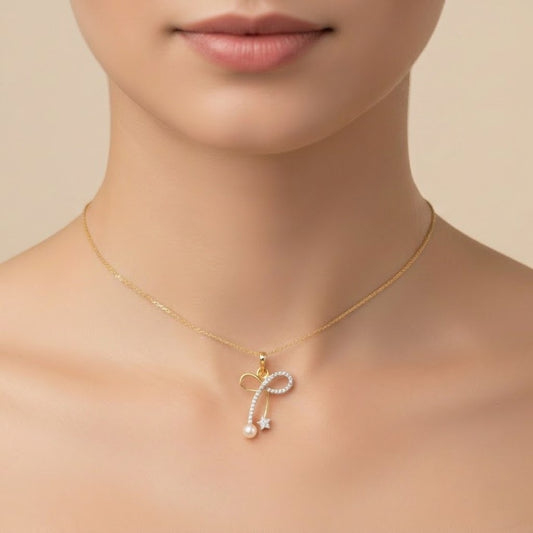 Graceful Infinity Bow Pearl Accent Diamond Gold Pendant